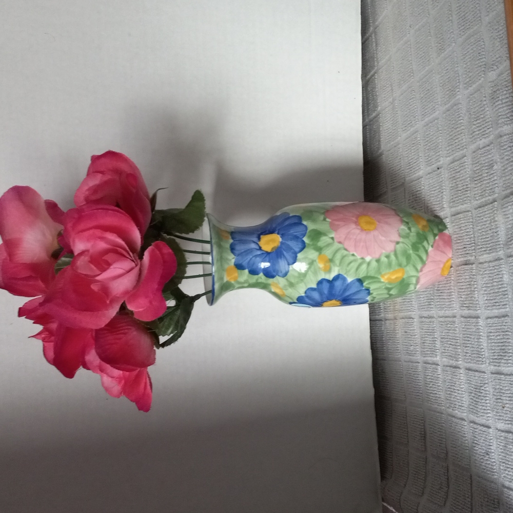 Chinese floral vase pink green blue.